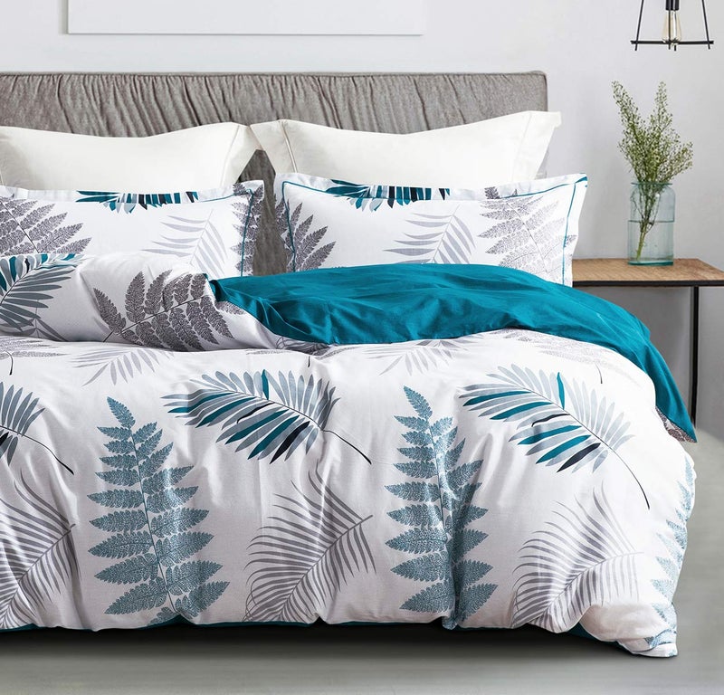 SLEEPBELLA Comforter King Size, 600 Thread Count Cotton Blue Floral with Khaki & Grey Leaves Pattern White Reversible Comforter Set,Down Alternative Bedding Set 3Pcs(King, Blue Botanical) - Image 1